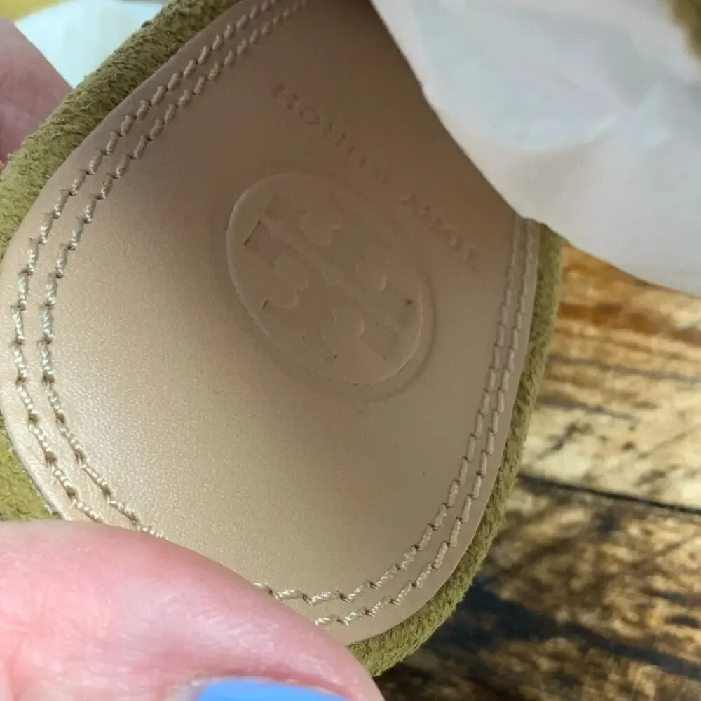 Tory Burch green suede open-toe ankle‎ strap heels size 8
